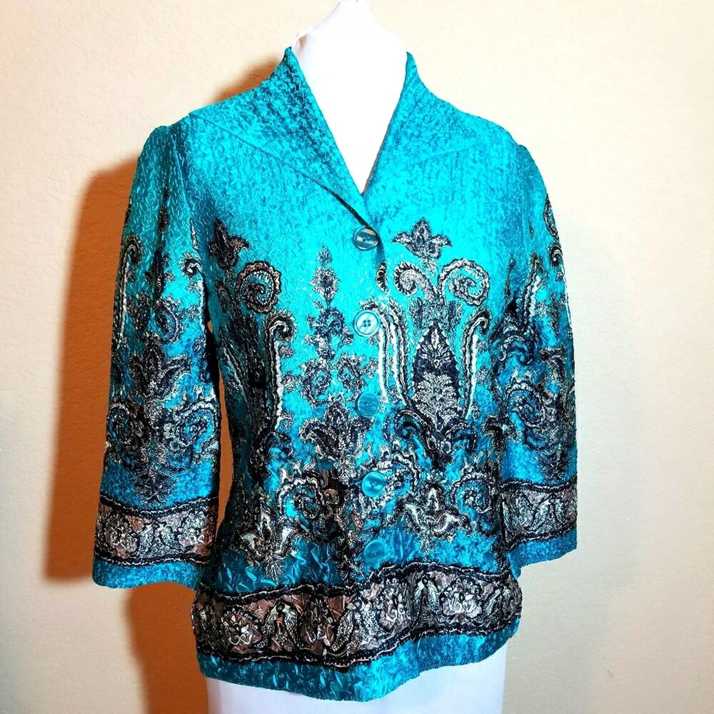 Vintage 1980s Joni B Blouse Women's Size S Blue Black Crinkle Disco Collar